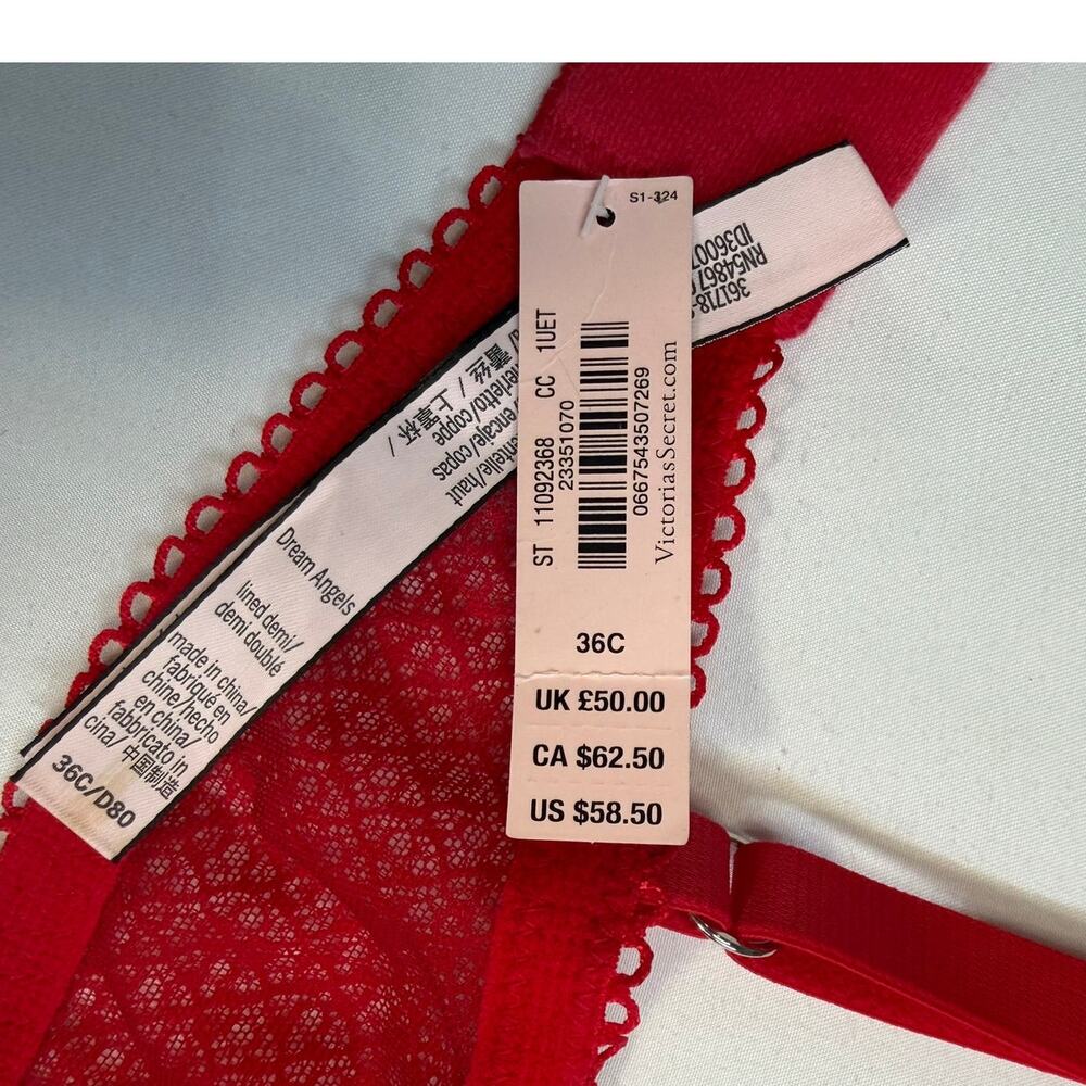 Victoria’s Secret Dream Angels Bra Set 36C M Red Black Lace Demi Cheeky NWT - Picture 4 of 9